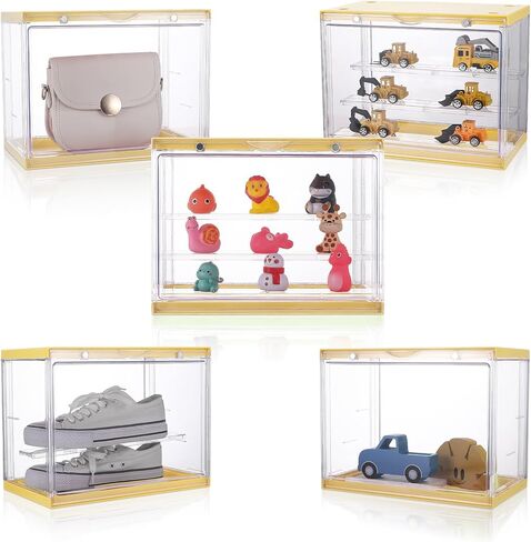 Clear Assemble Display Case with Magnetic Door for Action Figures, 3 Tier Stackable Transparent Dustproof Storage Blind Case for Shoe Miniature Collectibles Protection Showcase,Orange Pink in Kuwait
