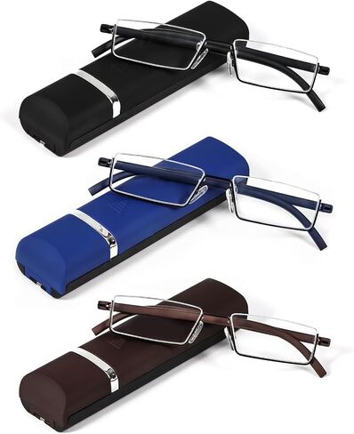 REAVEE 2 Pack Half Frame Reading Glasses for Men Women, Half Lens Metal Lightweight Readers Portable with Case, Black and Blue +2.0 in Kuwait