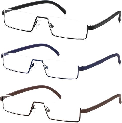 REAVEE 2 Pack Half Frame Reading Glasses for Men Women, Half Lens Metal Lightweight Readers Portable with Case, Black and Blue +2.0 in Kuwait