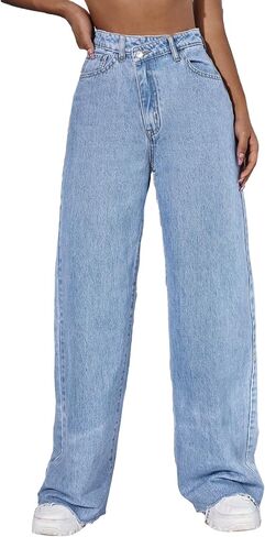 MakeMeChic Women's High Waist Zipper Fly Wide Straight Leg Raw Hem Casual Loose Jean Pants with Pockets in Saudi Arabia