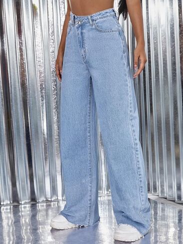 MakeMeChic Women's High Waist Zipper Fly Wide Straight Leg Raw Hem Casual Loose Jean Pants with Pockets in Saudi Arabia