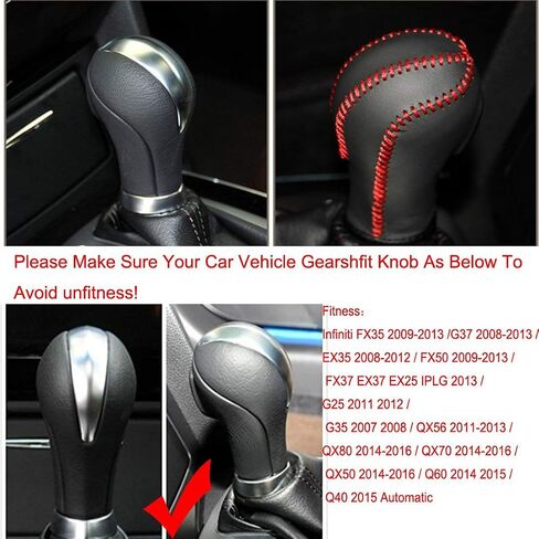 Genuine Leather Automatic at Gear Shift Knob Cover Protector Trim Fit Infiniti FX35 QX56 QX80 QX70 QX50 Q60 Q40 FX37 EX37 EX25 IPLG G25 (Black+Red Leather) in Saudi Arabia