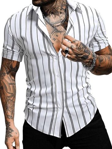 GORGLITTER Men's Hawaiian Striped Short Sleeve Shirt Button Down Collar Neck Summer Shirts in Saudi Arabia