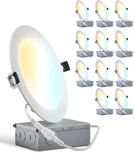 12 Pack 4 Inch 4000K (Day White) Ultra-Thin LED Recessed Ceiling Light with Junction Box, 9W, 750LM High Brightness LED Can Light- ETL and Energy Star Certified in Saudi Arabia