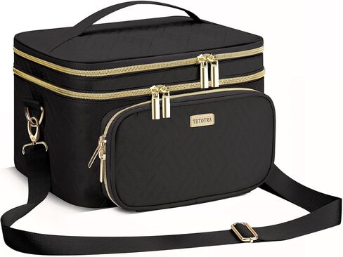 Women Makeup Bag with Mirror, Double Layer Cosmetic Case Large Travel Toiletry Bag Multifunction Organizer Storage Bag for Jewelry Brushes Skincare, Black in Saudi Arabia