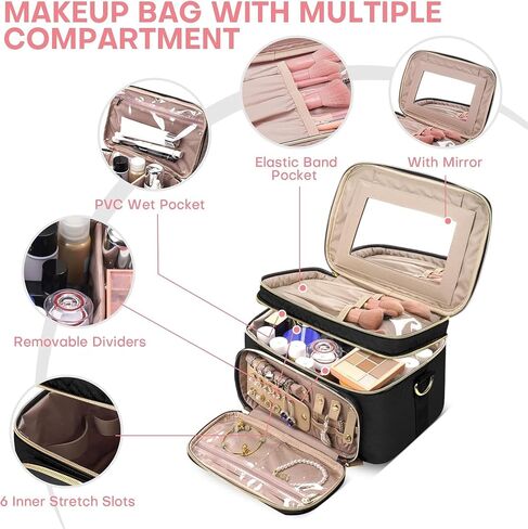 Women Makeup Bag with Mirror, Double Layer Cosmetic Case Large Travel Toiletry Bag Multifunction Organizer Storage Bag for Jewelry Brushes Skincare, Black in Saudi Arabia