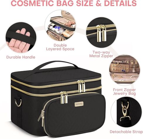 Women Makeup Bag with Mirror, Double Layer Cosmetic Case Large Travel Toiletry Bag Multifunction Organizer Storage Bag for Jewelry Brushes Skincare, Black in Saudi Arabia