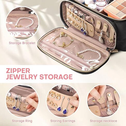 Women Makeup Bag with Mirror, Double Layer Cosmetic Case Large Travel Toiletry Bag Multifunction Organizer Storage Bag for Jewelry Brushes Skincare, Black in Saudi Arabia