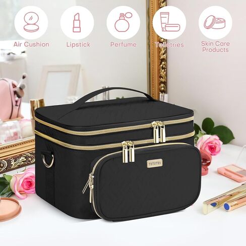 Women Makeup Bag with Mirror, Double Layer Cosmetic Case Large Travel Toiletry Bag Multifunction Organizer Storage Bag for Jewelry Brushes Skincare, Black in Saudi Arabia