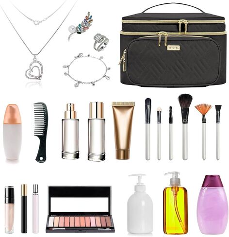 Women Makeup Bag with Mirror, Double Layer Cosmetic Case Large Travel Toiletry Bag Multifunction Organizer Storage Bag for Jewelry Brushes Skincare, Black in Saudi Arabia