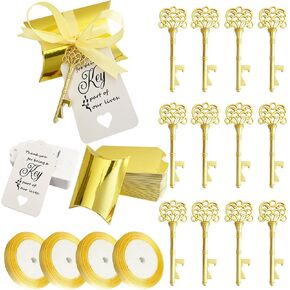 WODEGIFT 100 PCS Skeleton Key Bottle Opener,Wedding Favors for Guests,Wedding Gifts for Guests with Candy Box, Thank You Card and Ribbon (Gold)