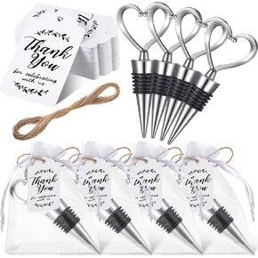 30 Pcs Heart Shape Wine Stoppers Love Wine Bottle Stopper silver Champagne Beer Bottle Stopper 50 Pcs White Kraft Labels 30 Pcs Sheer Bags with String for Wedding Gift Valentine's Day Decorations