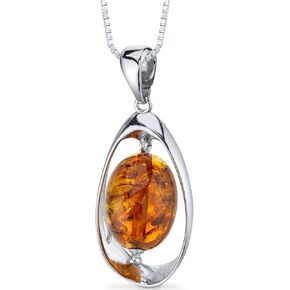 PEORA Genuine Baltic Amber Pendant Necklace and Earrings in Sterling Silver, Floating Oval Shape, Rich Cognac Color