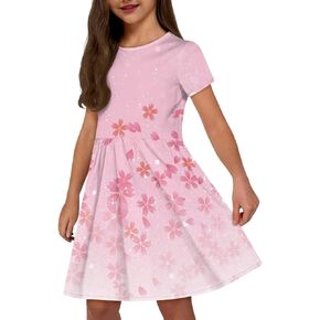 Girls Short Sleeve Dresses with Pockets Cute Dresses for Girls 3-16 Years Old