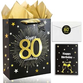 Yitla 70th Birthday Gift Bag - Black, Happy Birthday Gift Bag with Card and Tissue Paper for Men and Women - Party Supplies