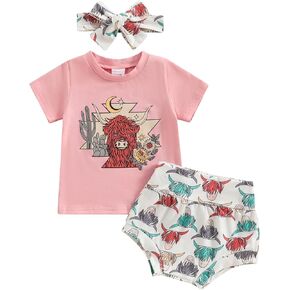 Western Baby Girl Clothes Set Toddler Cow Print Short Sleeve T Shirt Top Shorts with Headband 3Pcs Boho Summer Outfit
