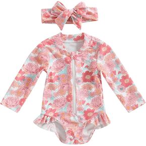 Baby Girl Swimsuit Zip Rash Guard Ruffled Long Sleeve One Piece Swimwear Toddler Bathing Suit Rashguard Beach Wear