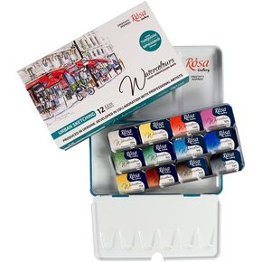 ROSA Gallery Monopigmented Professional Watercolor Paint Set, 12 Water Colors of 2.5 ml, High Lightfastness Paints Kit for Artists, Adult, Lightweight and Portable Metal Case