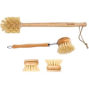 ECOLULU Natural Bamboo Dish Brush & Wood Bottle Brush for Wide Mouth Bottles, Cups and Jars, 2 Replacement Heads included (4 units total) Biodegradable, Eco Friendly Products