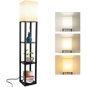 Floor Lamp with Shelves, Modern Standing Shelf Lamp with 3 CCT LED Bulb and White Shade for Living Room Bedroom and Office-Black