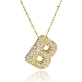 A1-A Bubble Letter Necklace Sparkling Crystal Cubic Zirconia- A-Z, Fluffy Name, Personalized Script Initial Necklace, Balloon Initial Necklace for Women, 18K Gold-Plated Brass Material.
