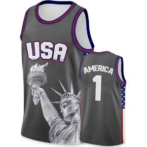4th of July USA Basketball Jersey for Independence Day, Red White Blue Stars and Stripes Statue of Liberty #1 Shirts