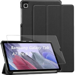 Case for Samsung Galaxy Tab A7 Lite 8.7" (SM-T220/T225/T227) with Tempered Glass Screen Protector, Tri-Fold Stand, Multi-Angle Viewing, Smart Cover Auto Wake/Sleep - Black