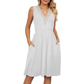 Summer Women Dress Solid V Neck Lace Panel Sleeveless with Pocket A-line Waist Dress