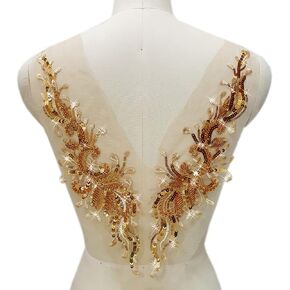 Heavy Luxury Handmade Beading Glass Beads for Evening Dress Lace Fabric Patch Wedding Dress Applique Accessories (Gold, A-12x30 inch)