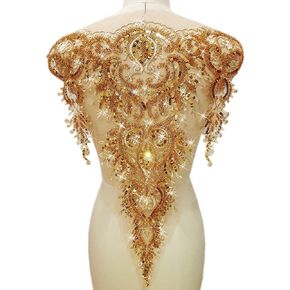 Heavy Luxury Handmade Beading Glass Beads for Evening Dress Lace Fabric Patch Wedding Dress Applique Accessories (Gold, A-12x30 inch)