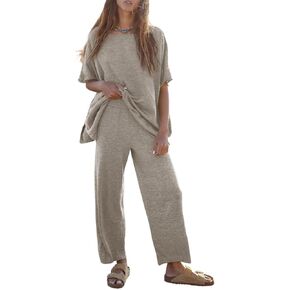 Tankaneo Women's 2 Piece Travel Outfits Casual Short Sleeve Knit Pullover Tops Wide Leg Pants Lounge Sets Tracksuit