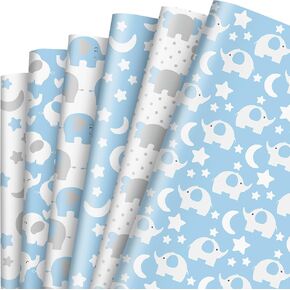 Whaline 12 Sheet Baby Shower Wrapping Paper Blue Elephants Gift Wrap Paper Folded Flat Stars Moon Elephants Art Paper for DIY Craft Party Decor Wrapping Supplies