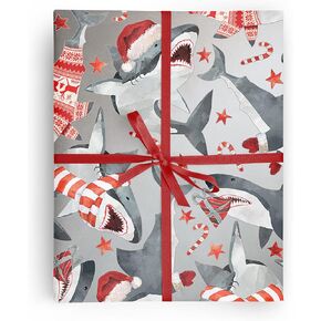 REVEL & Co Christmas Sharks FOLDED Wrapping Paper, Festive Great White Sharks with Santa Hats, 10 Feet Long Folded Boy's Christmas Giftwrap