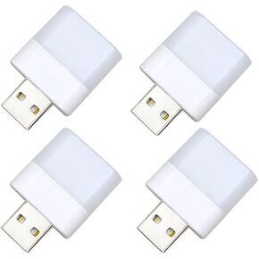 Flexible LED Ambient Light, Mini USB Night Lights,Plug in LED Bulb,Emergency Lighting,Compact,Ideal for Bedroom,Bathroom,Nursery,Hallway,Outdoor Camping,Reading(4 Pack White Lights)(White)