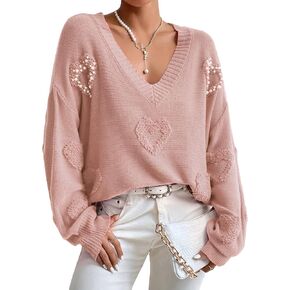 Verdusa Women's Pearls Heart V Neck Drop Shoulder Sweater Long Sleeve Loose Knit Top