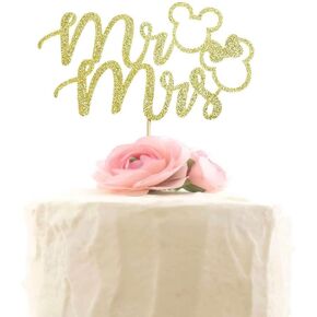 Mr & Mrs Cake Topper, Mouse Inspired Themed Wedding Party Decorations, Cartoon Mouse Bride and Groom Wedding Party, Gold Glitter