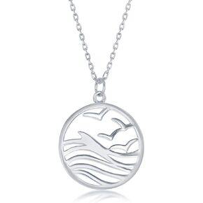Beaux Bijoux 925 Sterling Silver High Polish Waves and Bird/Waves/Double Waves Design Round 18’’ Pendant Necklace Jewelry for Ocean Lovers, Women, or Teens Made in Italy