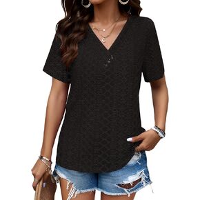 Micoson Womens Pleated V Neck Blouses Dreesy Casual Short Sleeve Shirts Loose Fit to Hide Belly Fat Button Decor Summer Tops
