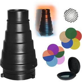 Generic Aluminum Alloy Conical Snoot Kit with Honeycomb Grid, 10 Types of Color Gel Filters (3 Each, Total 30), Gel Filter Storage Pouch, Suitable for Photography Flash Lights, BD-001, black