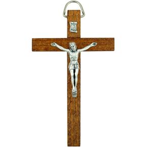 VILLAGE GIFT IMPORTERS Mahogany Wooden Wall Cross Crucifix | 4" Tall | Metal Detailed Jesus Christ