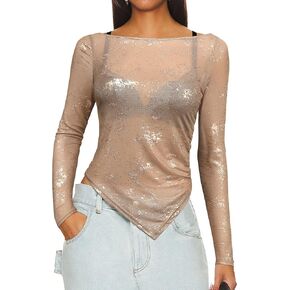 WLLW Women See Through Tops Sparkly Long Sleeve Boat Neck Mesh Top Sexy Sheer T-shirt Layering Tops Clubwear