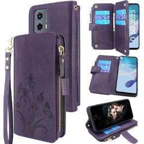 Lacass [Cards Theft Scan Protection] 10 Card Slots Holder Zipper Pocket Wallet Case Flip Leather Cover with Wrist Strap Stand for Motorola Moto G 5G 2023 Case (Floral Blue Green)