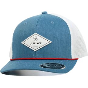 ARIAT Men's Flexfit 110 Cap, Blue with Diamond Logo, Red Rope on Bill, White Mesh Back, Snapback