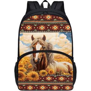 School Western Backpack Lightweight Aztec Horse Sunflower Schoolbag Travel Camp Outdoor Daypack