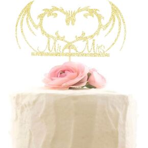 Dragons Wedding Cake Topper, Bride and Groom Silhouette Cake Decors, Mr & Mrs Wedding Party Decorations, Gold Glitter