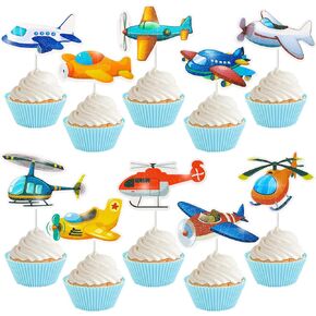 Plane Theme Party Cake Decoration, Airplane Aircraft Glitter Cupcake Toppers for Aviator Aviation Theme Birthday Party Baby Shower Supplies SET of 24