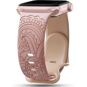 Floral Engraved Band Compatible with Apple Watch Band for Women 40mm 38mm 41mm 44mm 45mm 49mm, Boho Strap for iWatch Series 9 Ultra SE 8 7 6 5 4 3 2 1