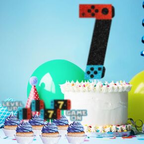 7 Piece Game Controller Cake Toppers - Teen Level UP 7th Birthday Game Night Party Decorations Set, Boys & Girls Birthday Gifts