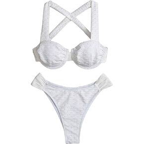 SweatyRocks Women's Eyelet Embroidery Cross Tie Back Swimsuit Two Piece Bathing Suits