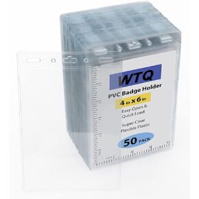 50 عبوة - حامل شارة الاسم بدون سحاب من WTQ (XXL، مناسب لإدراج 4 × 6 بوصة)، عمودي، حامل شارة تعريف سهل الحمل بدون سحاب، حامل شارة VIP من بلاستيك الفينيل، حامل شارة خلفي شفاف